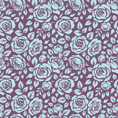 Seamless pattern with beautiful vintage rose and decorative leaf silhouette. Wallpaper with blue flower in old antique style on violet background. Vector stock illustration - 542120435