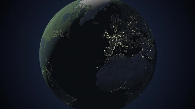 Seamless looping animation of the earth at night zooming in to the 3d map of United Kingdom with the capital and the biggest cites in 4K resolution