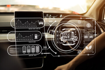 Fototapeta premium Energy EV car concept. Futuristic hybrid vehicle charge battery electric. Modern car interior details. Modern car interior details..