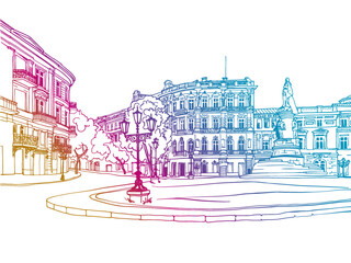 Nice old square. Odessa, Ukraine. Urban landscape. Hand drawn sketch. Line art. Ink drawing. Vector background on white. Without people.