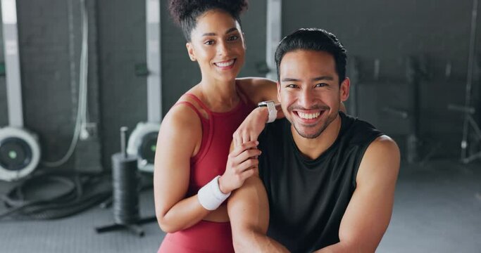 Health, fitness and personal trainer team at gym for exercise, motivation and body goal, happy and relax. Friends, workout and portrait of black woman and man bond, ready and excited for challenge