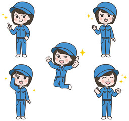 ジャンプする女性作業員のイラストセット
