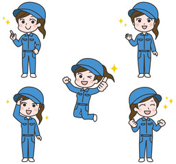ジャンプする女性作業員のイラストセット