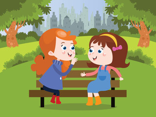 Children chatting together while sitting on the bench at the park, flat design illustration