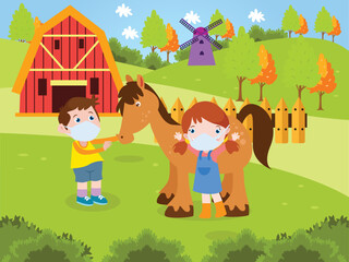 Children playing with a horse at farm