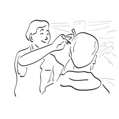 Male hairdresser making a haircut with scissors for a young man in barber shop illustration vector hand drawn isolated on white background line art.