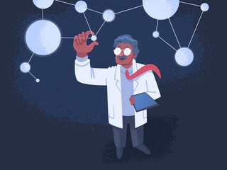 Science. A scientist man in glasses and a lab coat examines atoms or neurons. A scientific discovery in the field of physics or chemistry. Vector illustration