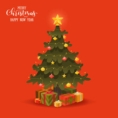 Decorated Christmas tree with garlands and balls with gift boxes on a red background. Merry Christmas and Happy New Year. Vector illustration