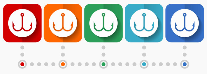 Fishing hook vector icons, infographic template, set of flat design symbols in 5 color options