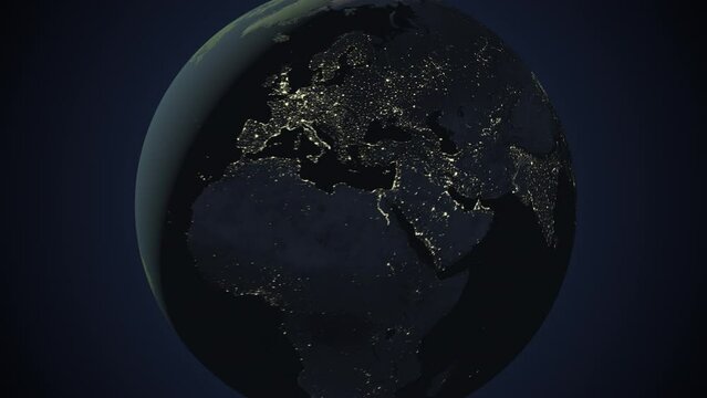 Seamless looping animation of the earth at night zooming in to the 3d map of Uzbekistan with the capital and the biggest cites in 4K resolution