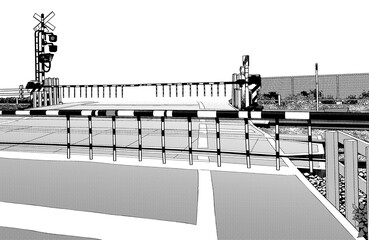 漫画風ペン画イラスト　駅_踏切・外観