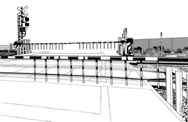 漫画風ペン画イラスト　駅_踏切・外観