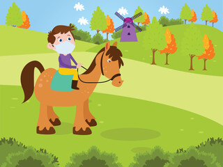 Boy riding a horse at the farm