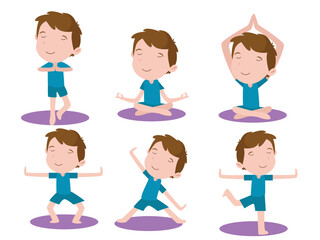 Boy doing yoga exercises isolated on white