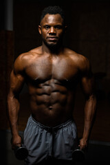 Obraz na płótnie Canvas Muscular dark-skinned man doing an exercise with dumbbells. 