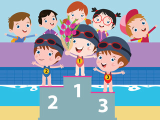 Swimming competition vector concept: Group of children doing swimming competition in swimming pool while standing in place podium
