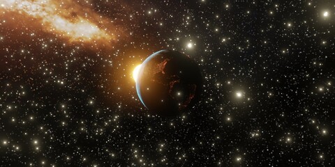 Obraz premium Panoramic view of planet Earth with copy space. Planet Earth with spectacular sunrise. Elements are part of NASA. 3D render.