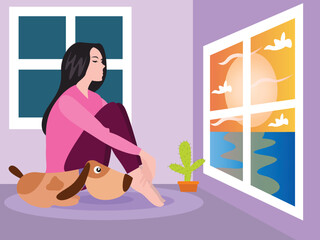 Sad woman sitting alone with a dog on the window
