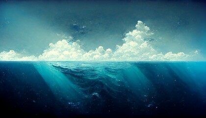 Surreal giant wave scenery on Blurred background, 3d Illustration of Fantastic Seascape background
