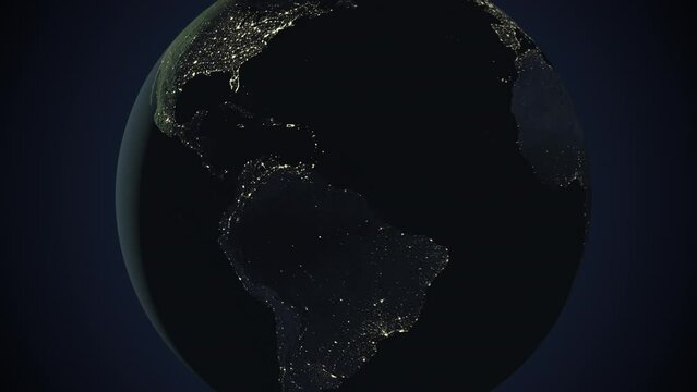 Seamless looping animation of the earth at night zooming in to the 3d map of Venezuela with the capital and the biggest cites in 4K resolution