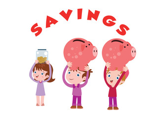 Smiling children cartoon character  saving money in piggybank