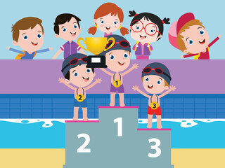 Kids with a trophy on the podium after winning a swim competition