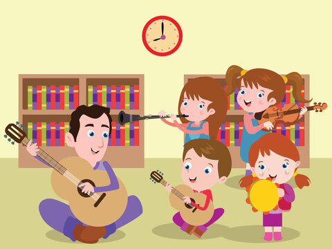 Learning music vector concept: Male teacher and group of students playing music instrument together at school. 
