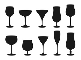 Silhouettes of various cocktail glasses. Illustration on a transparent background