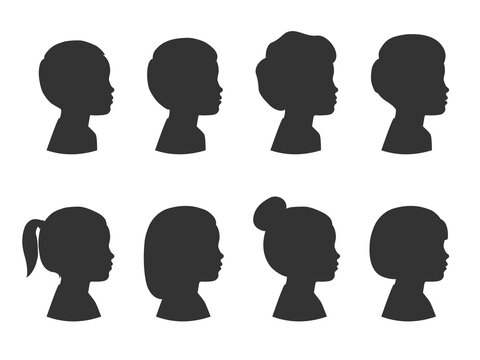 Collection of silhouettes of boys and girls with different hairstyles. Preschool child. Illustration on a transparent background