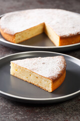 Homemade a piece yogurt cake with icing sugar closeup in a plate on a table. Vertical