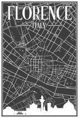 Black vintage hand-drawn printout streets network map of the downtown FLORENCE, ITALY with brown highlighted city skyline and lettering