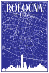 Blue vintage hand-drawn printout streets network map of the downtown BOLOGNA, ITALY with brown highlighted city skyline and lettering