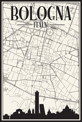 White vintage hand-drawn printout streets network map of the downtown BOLOGNA, ITALY with brown highlighted city skyline and lettering