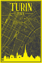 Black and yellow vintage hand-drawn printout streets network map of the downtown TURIN, ITALY with brown highlighted city skyline and lettering