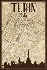 Brown vintage hand-drawn printout streets network map of the downtown TURIN, ITALY with brown highlighted city skyline and lettering