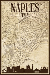 Brown vintage hand-drawn printout streets network map of the downtown NAPLES, ITALY with brown highlighted city skyline and lettering