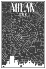 Black vintage hand-drawn printout streets network map of the downtown MILAN, ITALY with brown highlighted city skyline and lettering