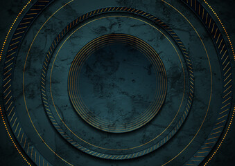 Abstract technology background with dark blue and golden circles. Vector grunge concept design