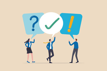 FAQ, question and answer, solution to solve problem, business advice or help and support service, communication or team brainstorm concept, business people asking question and answer to solve problem. - obrazy, fototapety, plakaty