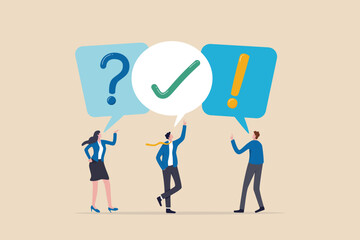 FAQ, question and answer, solution to solve problem, business advice or help and support service, communication or team brainstorm concept, business people asking question and answer to solve problem.
