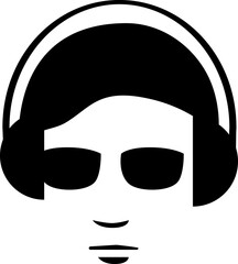 isolated vector graphic illustration in black and white of a young man wearing headphones and sunglasses