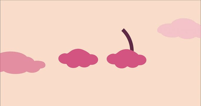 Animated multicolor rainbow appears with cloudes from left to right on beige background. 4K video.