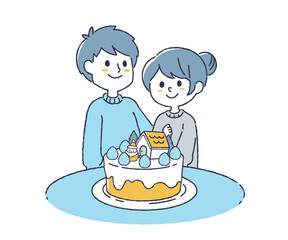 ケーキを囲む男性と女性