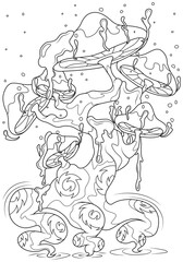 Fairy-tale mushroom tree with drops that rise up. Vector illustration of children's coloring book