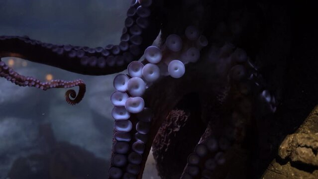 Close up of tentacle suckers of a Giant Pacific Octopus in an aquarium. 