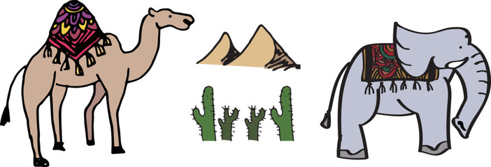 砂漠を歩くラクダと象のベクターイラスト