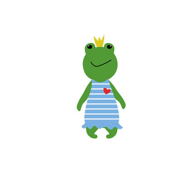 Cute cartoon frog. Goods for children, prints and clothes, stickers, cards and invitations, gender parties.