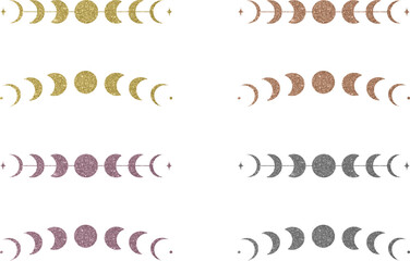 Collection gold, rose gold and black glitter moon phases shapes
