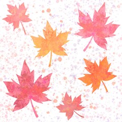 Naklejka na ściany i meble Estampado otoñal de hojas secas de platanero de colores rosas, naranjas y amarillos para patrones con fondo blanco con salpicaduras de pintura estilo acuarela 