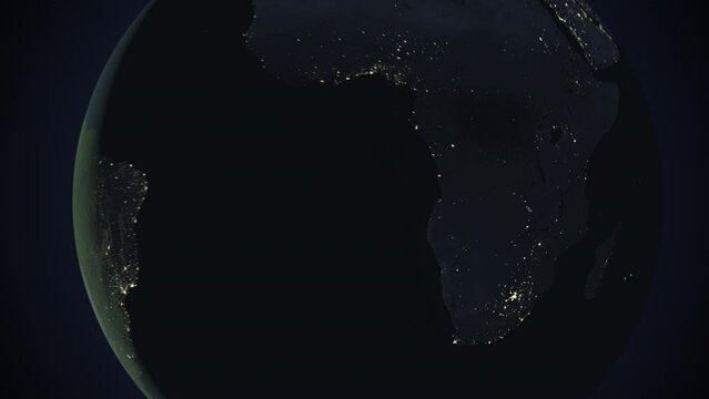 Seamless looping animation of the earth at night zooming in to the 3d map of Zambia with the capital and the biggest cites in 4K resolution